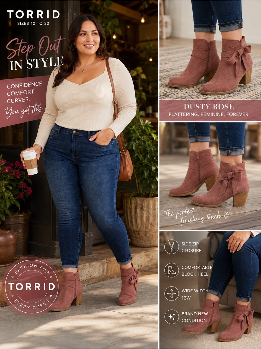 Torrid Dusty Rose Mauve Bow Ankle Booties Wide Width Size 12W NWT